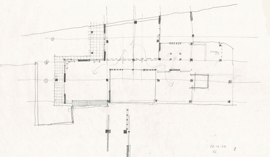 Hand-drawn sketch plan of a house with columns and courtyards