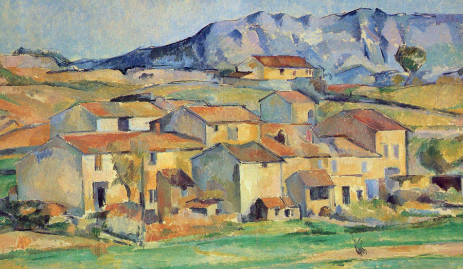 Impressionist-style landscape painting of a village with red-roofed houses set against a blue mountain backdrop