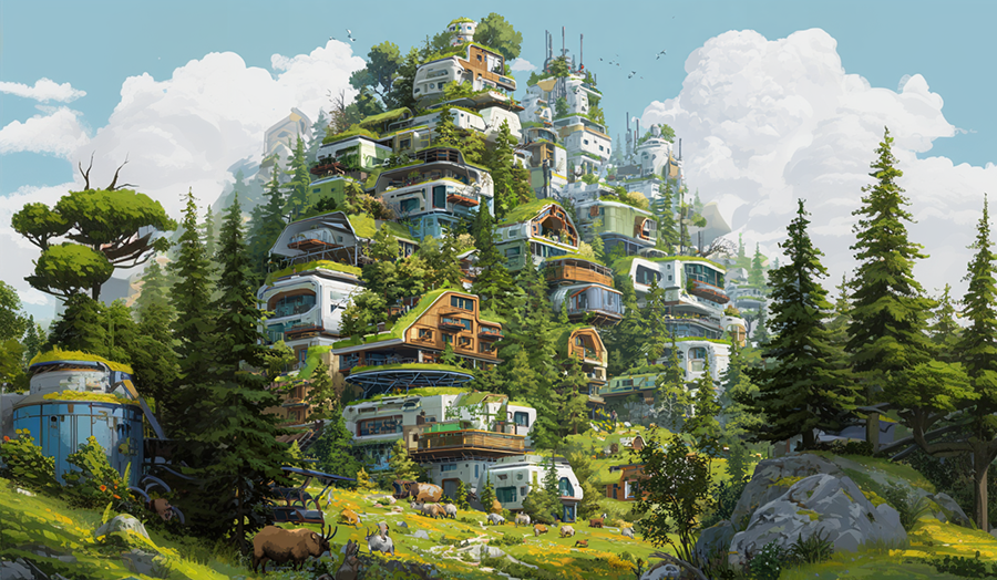 Futuristic hillside with tiered homes, greenery, diverse buildings, tall trees, and a bright sky