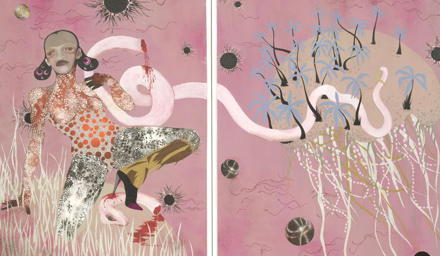 A painting by Wangechi Mutu, showing a mythical creature in a pink landscape embracing a white snake-like animal