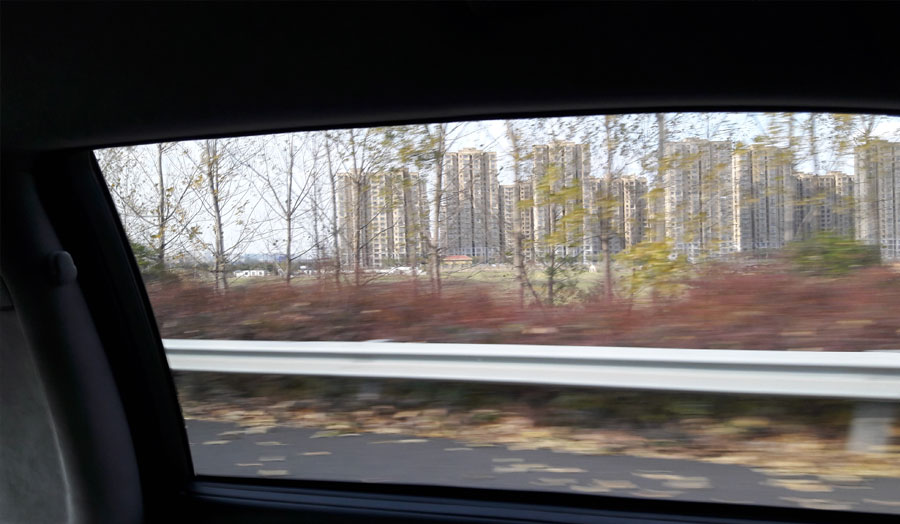 A view from a driving car window, tower blocks, trees
