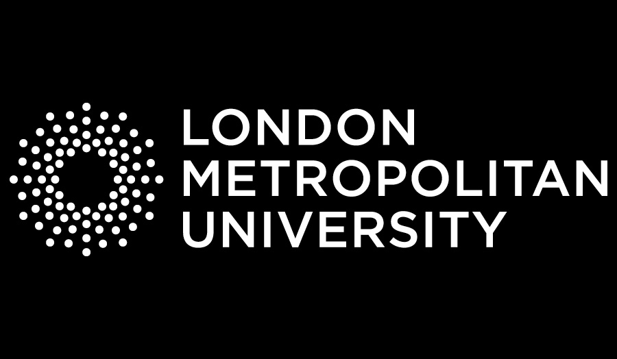 London Met logo, white font on black background