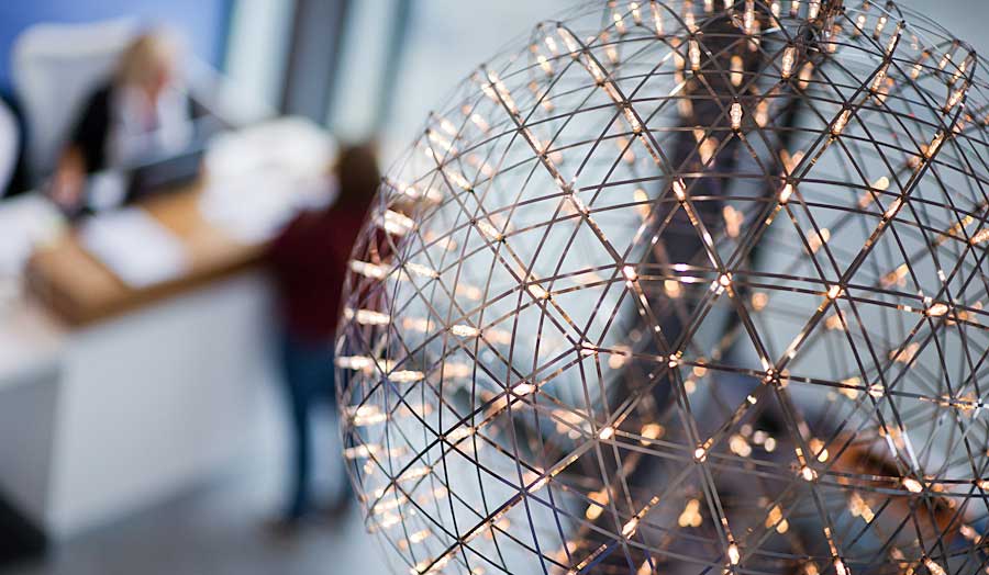 A light hanging in London Met's Tower Building entrance