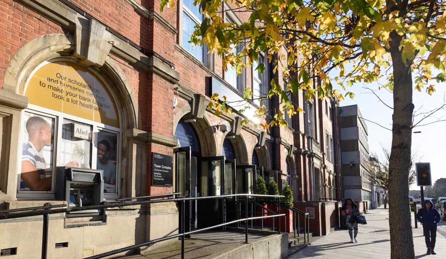 London Met's clocktower building in the autumn