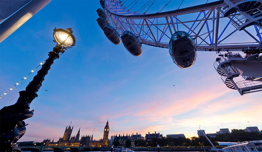 A view of Westminster with the London Eye in the foreground