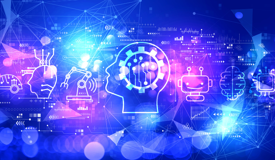 Robotic and human heads icons on a colourful background.