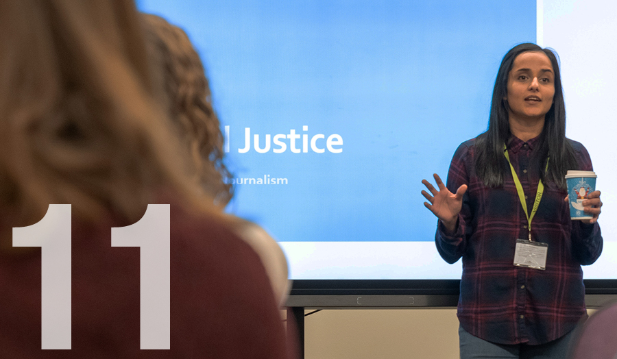 Lecturer with the word 'Justice' on her teaching screen plus 11 superimposed for November