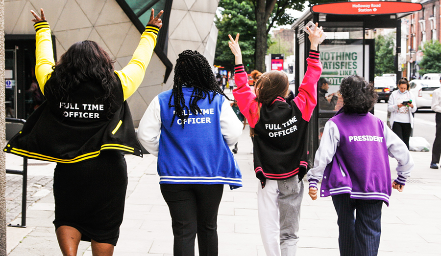 London Met SU Officers 2022 walking in front of Graduate Centre