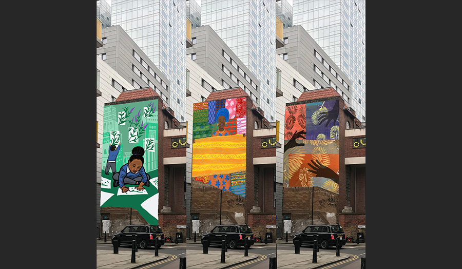 Three large murals by students displayed in the city of London