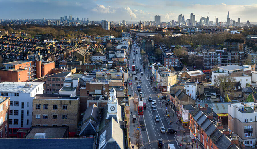 Aerial view of Holloway campus looking south towards central London and the city 
