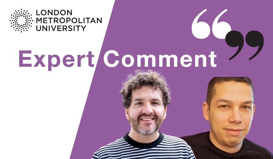A graphic featuring headshots of two London Met academics 