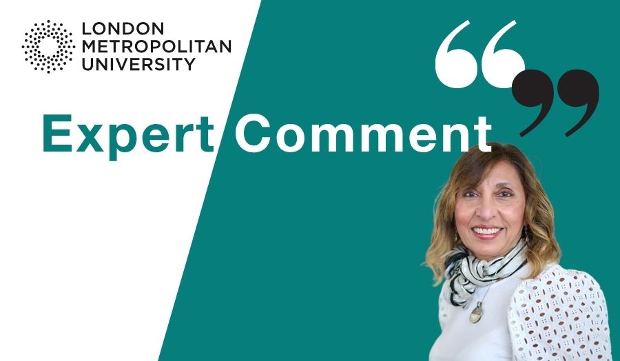 An expert comment graphic featuring a woman with mid length hair smiling