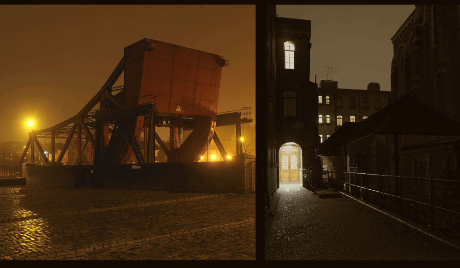 Red metal bridge at night 