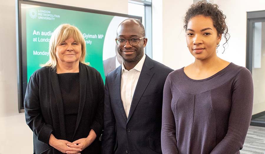 (Left to right) Vice-Chancellor Lynn Dobbs, Sam Gyimah MP, and Stephanie Steadman