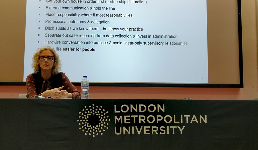 Chief Social Worker Isabelle Trowler speaking at London Met