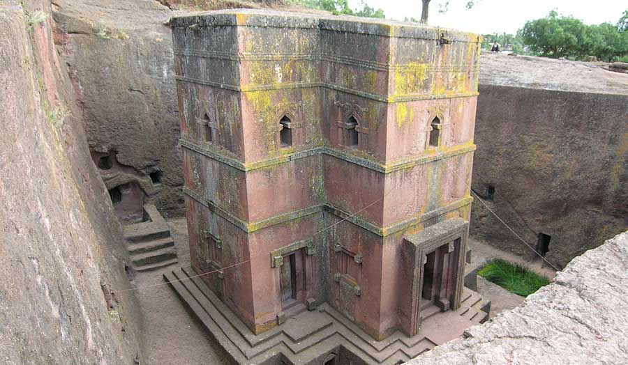 A picture of a rock-hewn church in Lalibela, Ethiopia.