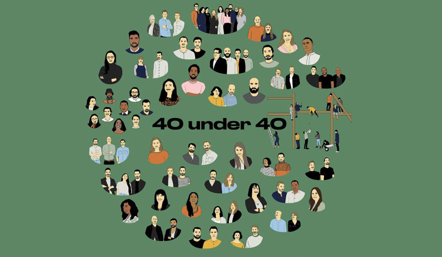 cartoon faces around text reading '40 under 40'