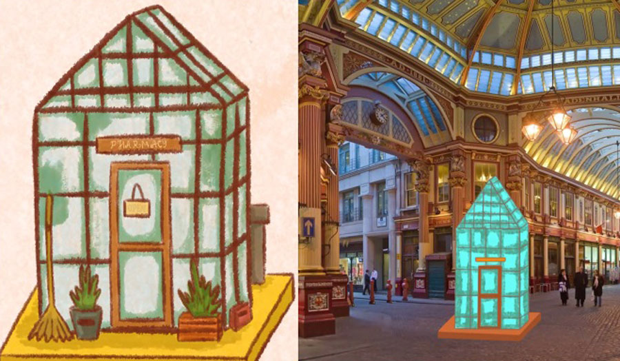 two drawings of a glass building; one standing alone, one superimposed onto Leadenhall market.