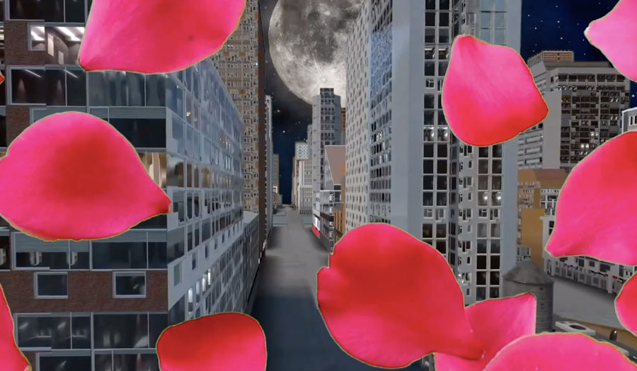 rose petals falling over a stylised city landscape