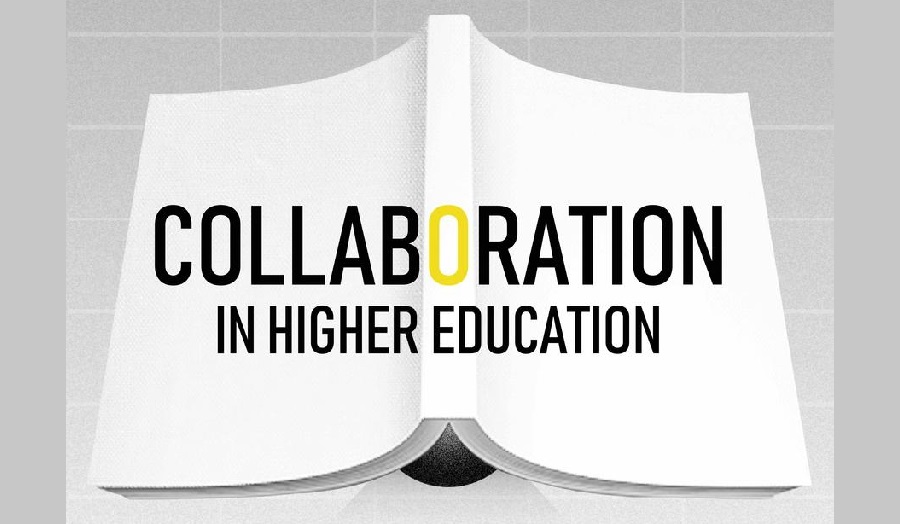 graphic of an open book reading 'Collaboration in Higher Education'