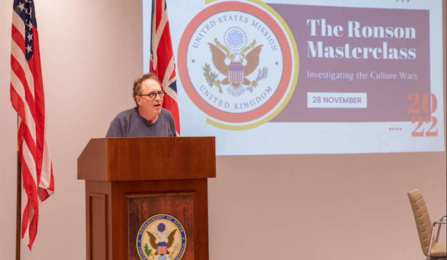 Writer Jon Ronson on stage at the US Embassy in London