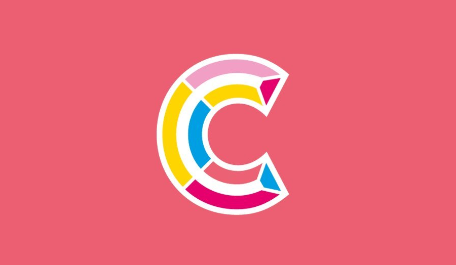 a yellow 'c' logo against a pink background