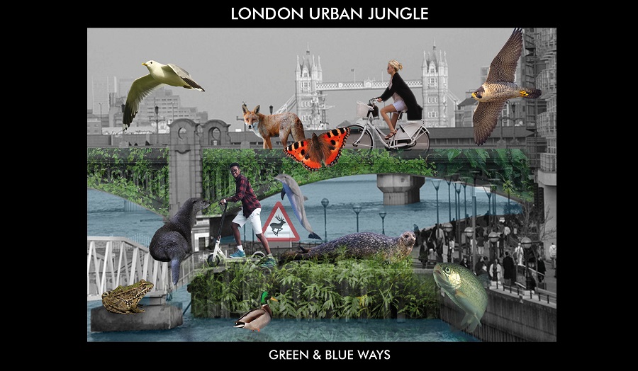 Postcard of London photoshopped to add greenery and wildlife including frogs, seals and butterflies
