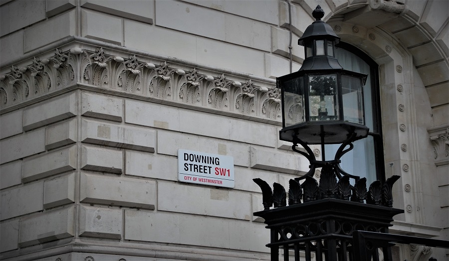 Downing Street road sign and lamppost 