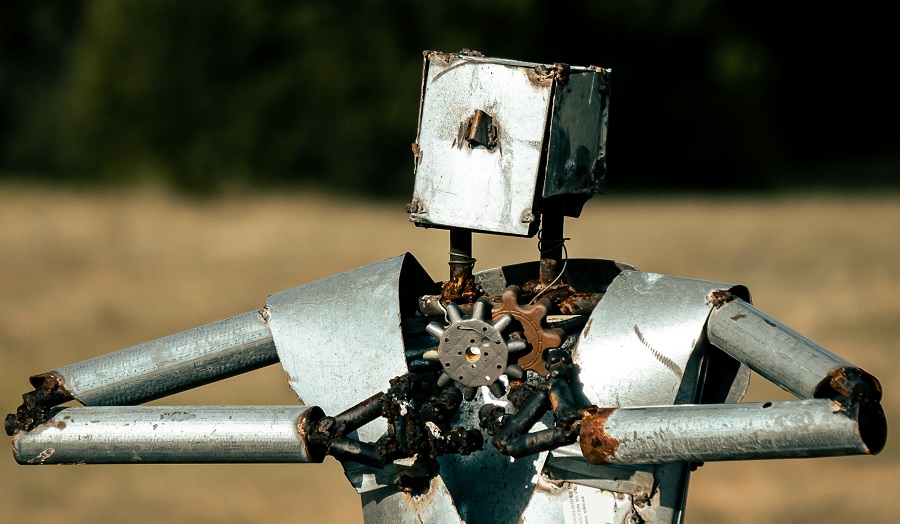 a robot standing in a field
