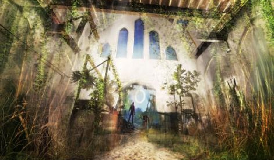 an unsettling digital image of a church overgrown with plants
