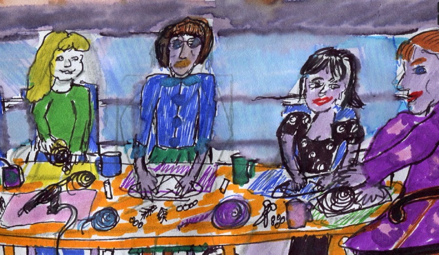 A handdrawn image of four women working around a crafts table