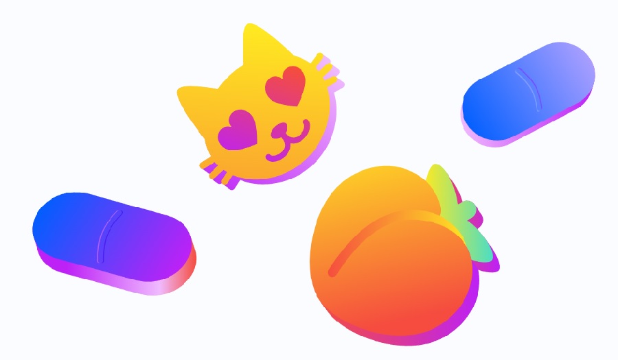 Emojis of pills, a peach and a cat with heart eyes