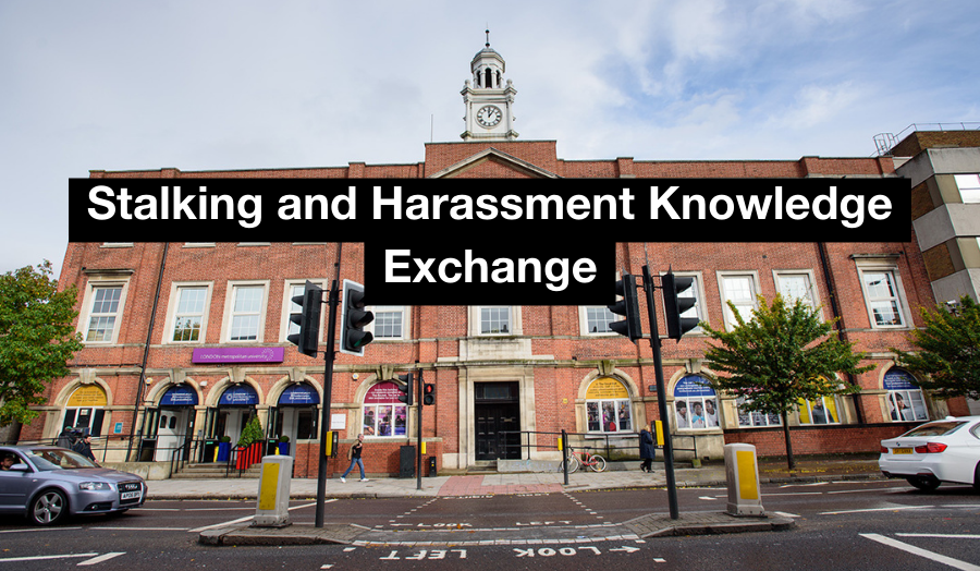 London Met Clocktower Building, with the text 'Stalking and Harassment Knowledge Exchange' overlaid