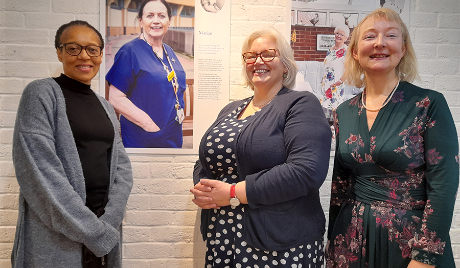 Liz Opara, Julie-Ann MacLaren, and Louise Ryan at the Irish Nurses in the NHS photography exhibition