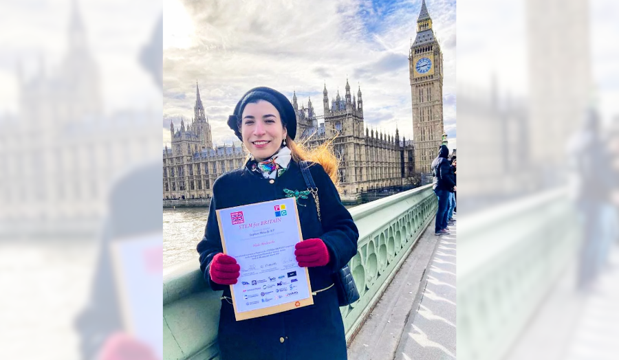 Nada Abuknesha in front of the Houses of Parliament in Westminster