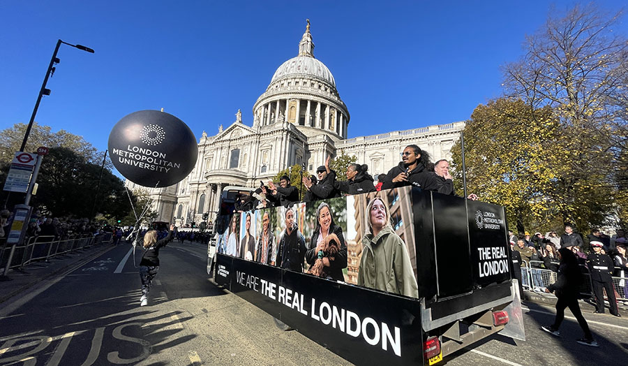 Caption: London Met's float passes St Paul's Cathedral during the Lord Mayor's Show.