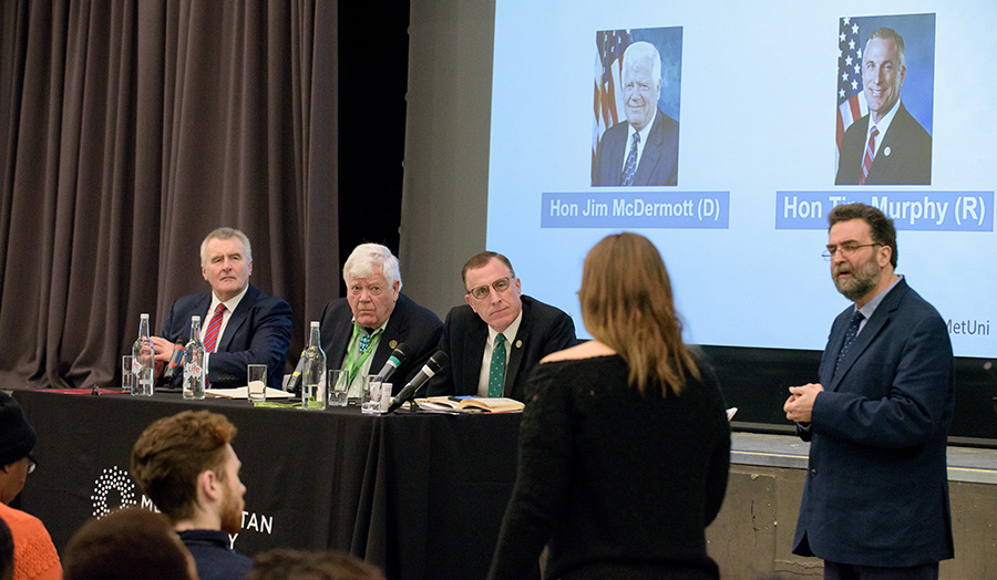 Members of the panel at the event, including Andrew Moran