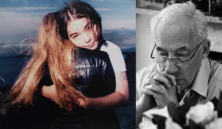 Photo of Bjork and friend and a photo of Simon Callow, actor
