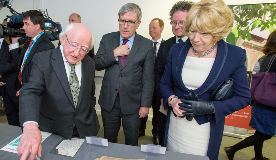 Image of President Higgins, Mrs Sabina Higgins, Ambassador Mulhall in London Met Irish archive exhibition