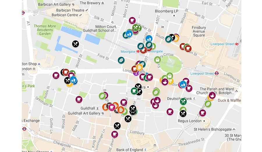 Moorgate map with eateries around 