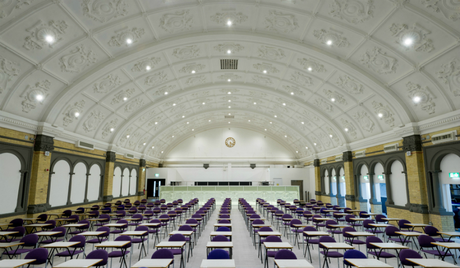 Great Hall exam set up from stage