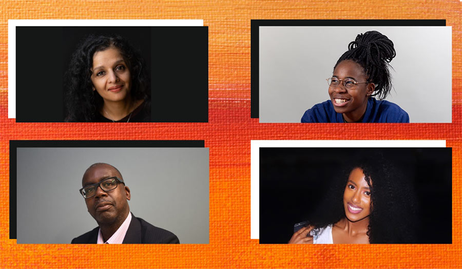 Four portraits of four speakers on orange background colour