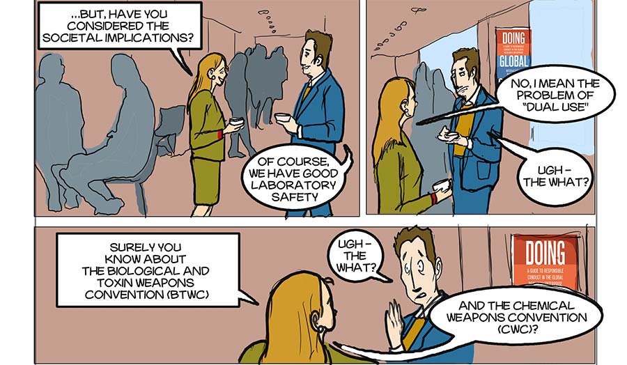 A comic strip where a woman makes a comment to a man about the biological and chemical weapons convention