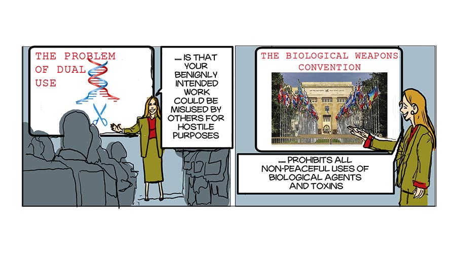 A cartoon where a woman presents the problem of dual use with genome editing