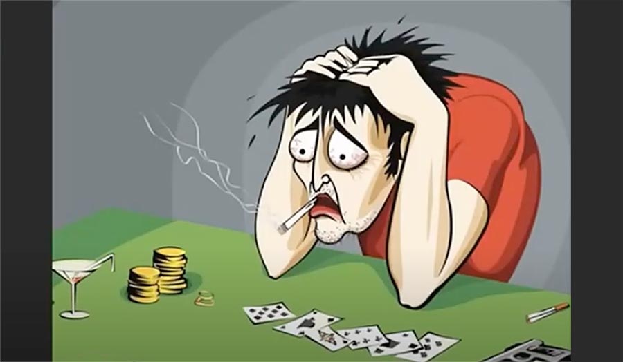 A cartoon showing a man going through gambling anguish