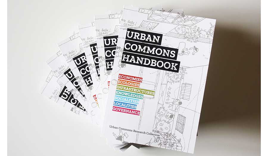 a pile of book covers with title 'Urban Commons Handbook'
