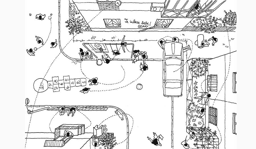 A white and black drawing of the busy street from above
