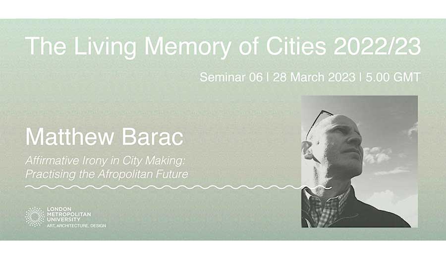 a Living Memory of Cities leaflet with a portrait of Matthew Barac to the right