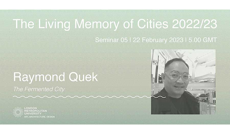 a Living Memory of Cities leaflet with a portrait of Raymond Quek to the right