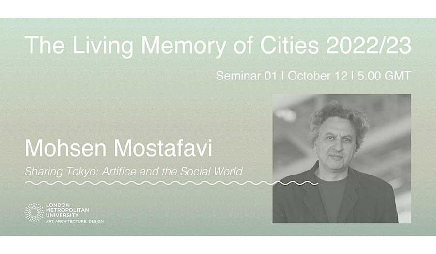 a Living Memory of Cities leaflet with a portrait of Mohsen Mostafavi to the right
